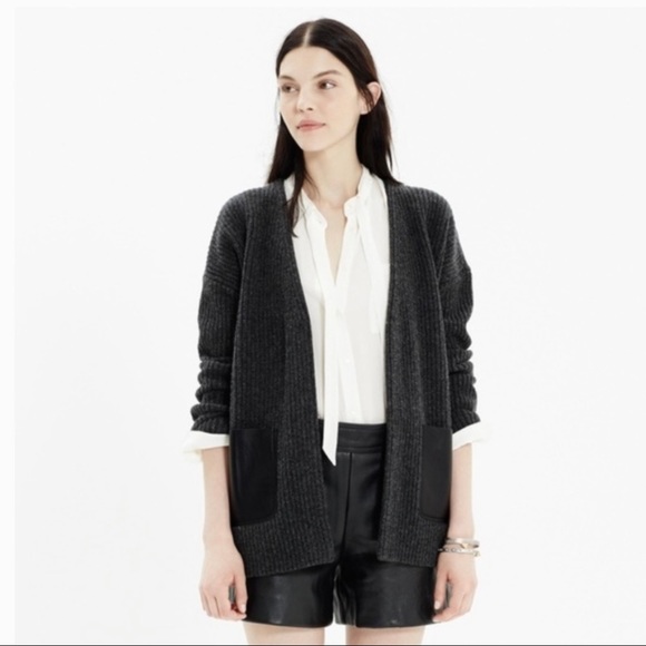 Madewell Wool Ribbed Cardigan Leather Pockets Gray Black Size Medium - Picture 10 of 11